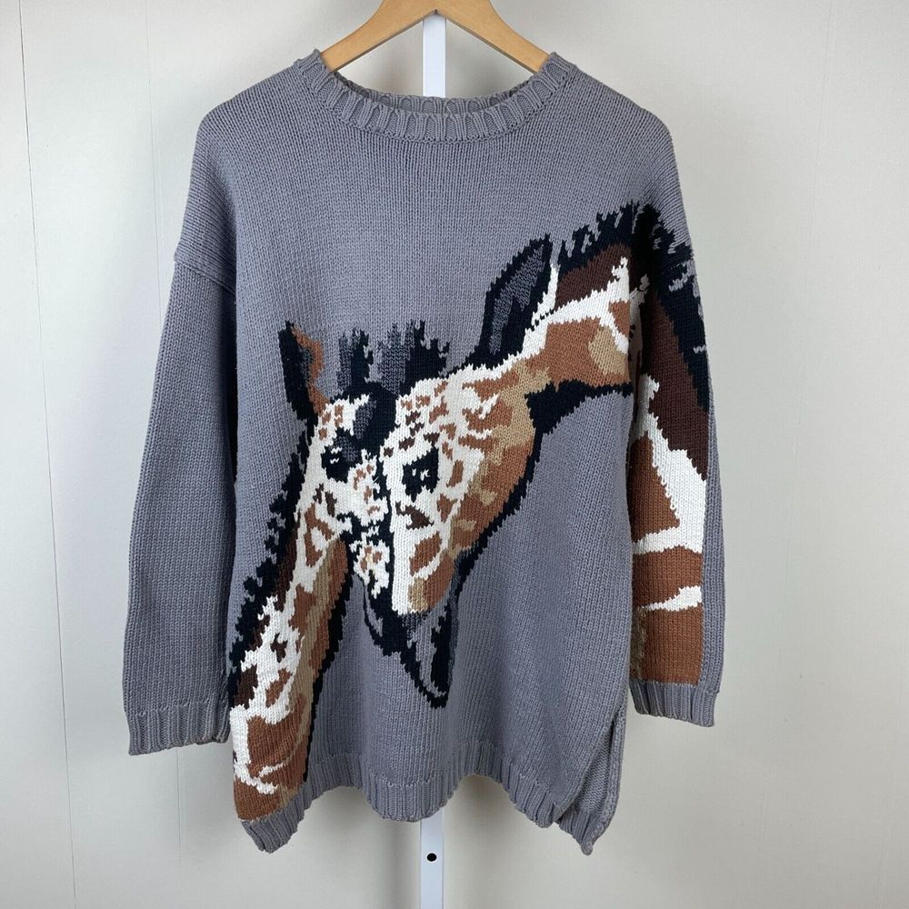 Vintage 90s MM by Krizia Italy Giraffe Gray Cotton Crewneck Sweater Womens Small